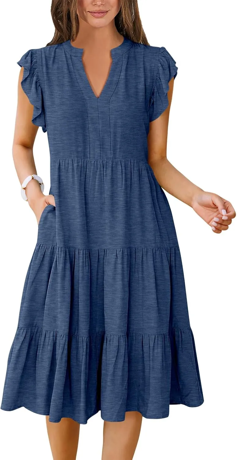 Women's Ruffle Sleeve V-Neck Tiered Midi Dress