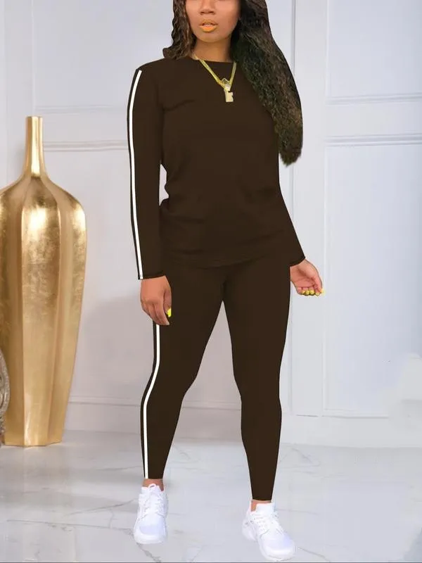 Women's Striped Print Long Sleeve Top & Pants Two-piece Set