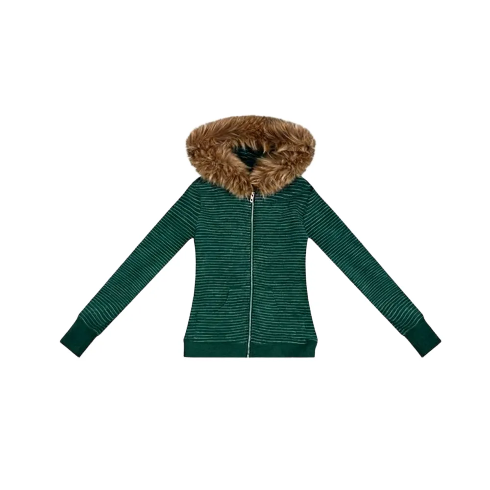 Women’s Striped Fur Collar Zip Hoodie