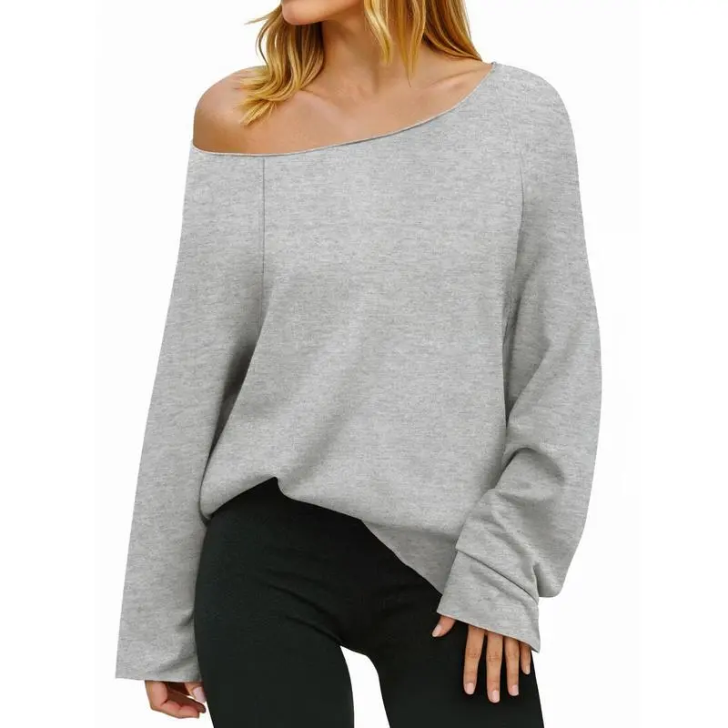 Womens Off the Shoulder Sweatshirts Wide Neckline Oversized Pullovers Long Sleeve