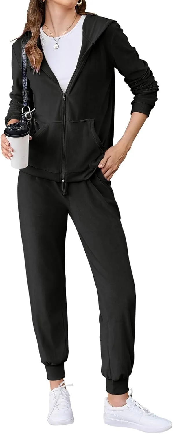 Women's Casual Velour Tracksuit Set Full Zipper Hoodie