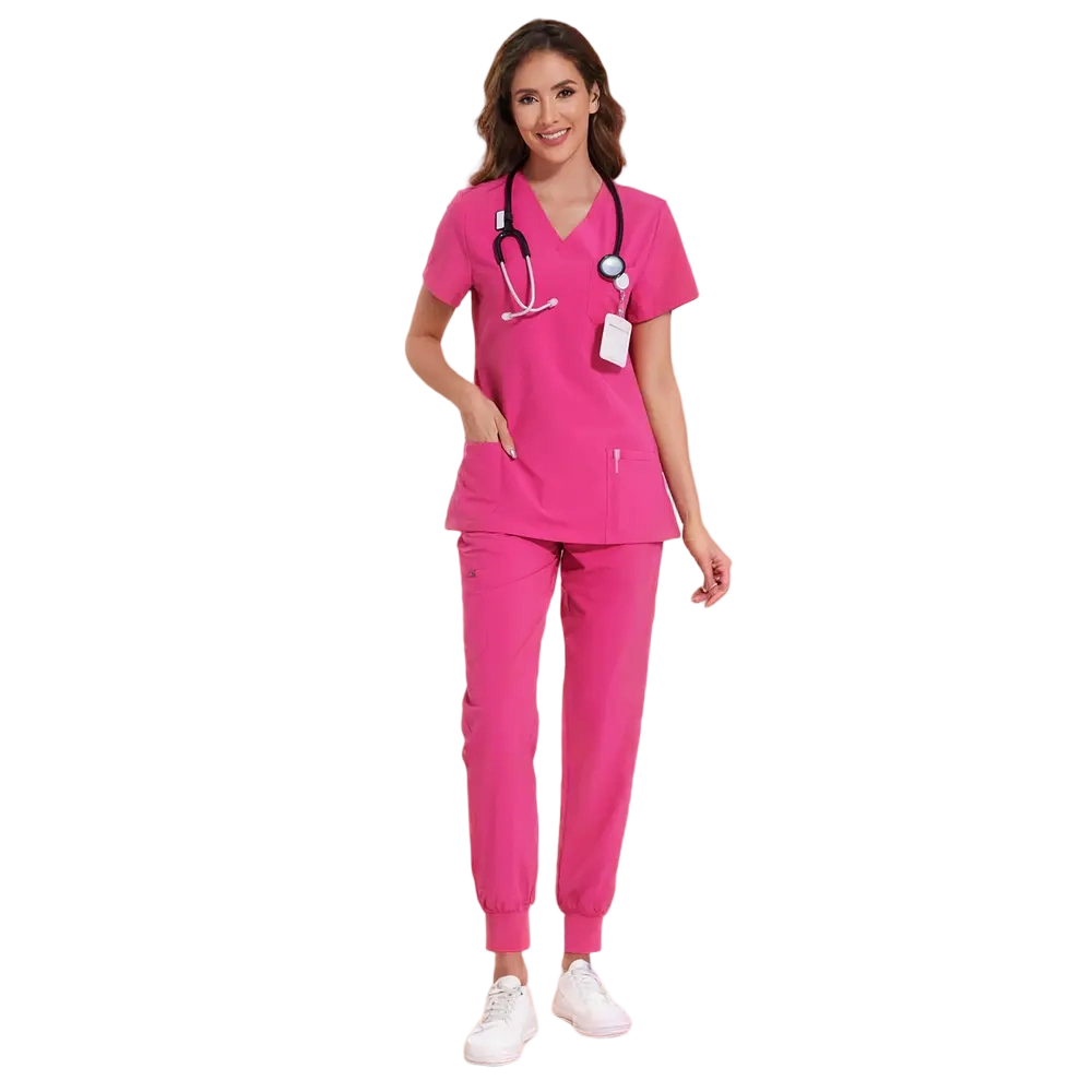 Women Stretch V-Neck Scrub Top & Jogger Pant Set   with 8 Pockets