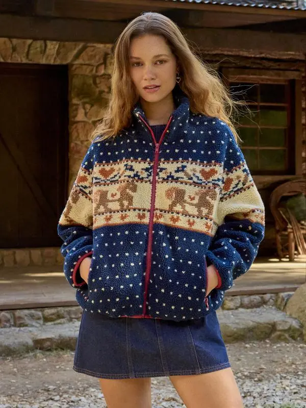 Merry Chrismas Fleece Collar Graphic Jacket