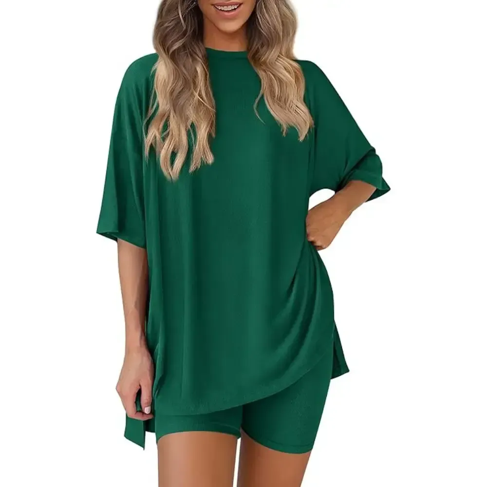 Crewneck Two-Piece Set For Women Summer Casual Oversized Split Hem Shirts