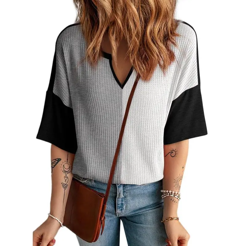 Womens Half Sleeve Waffle Knit Shirts V Neck Colorblock Blouses