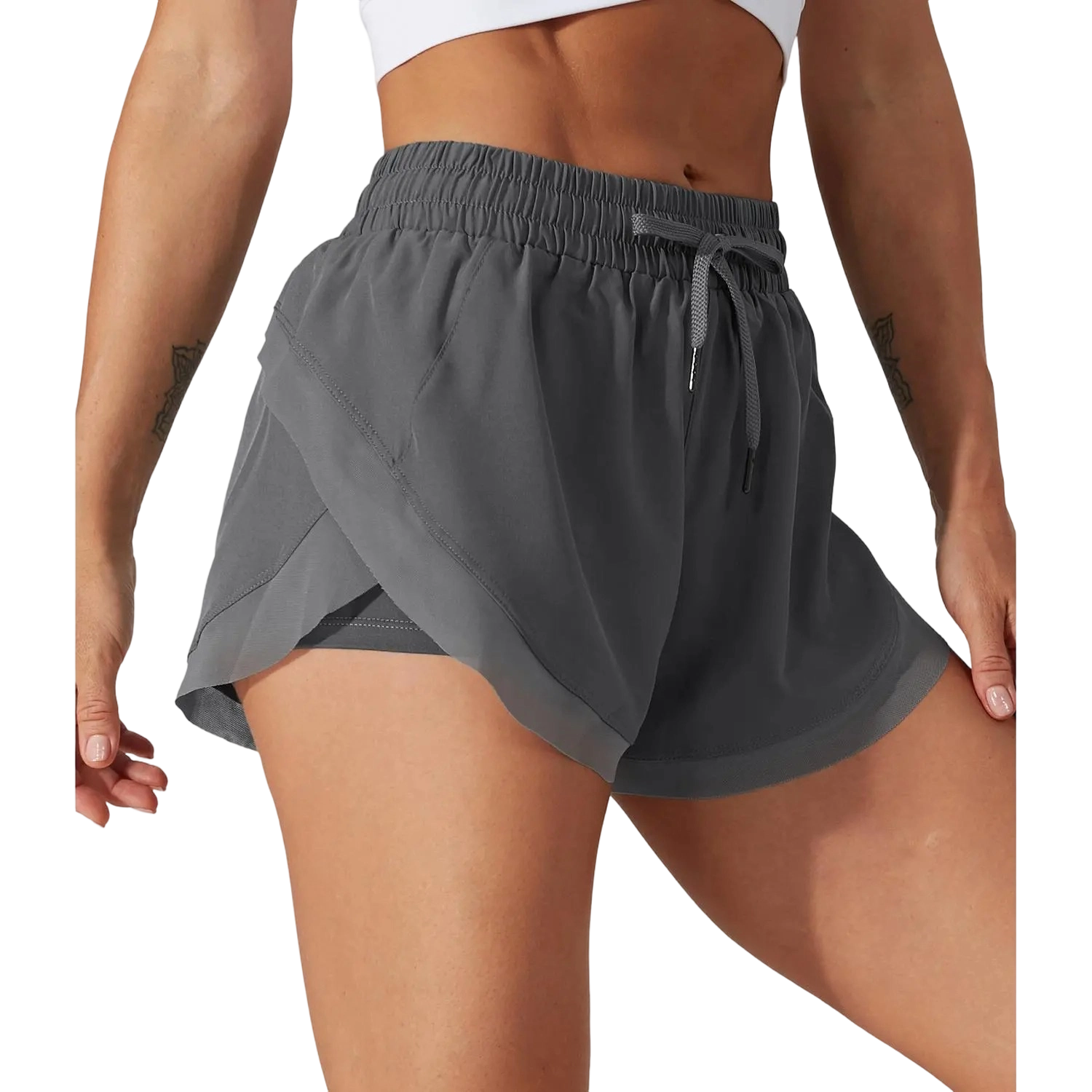 Women’s 2-in-1 Mesh Active Shorts – Flowy Overlay & Adjustable Drawstring