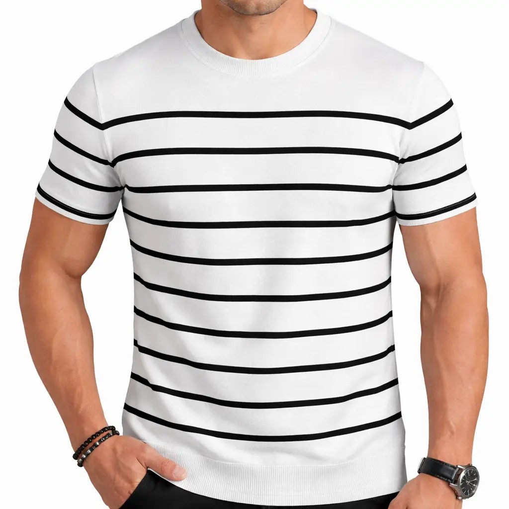 Unisex Retro Striped Knitted T-Shirt – Vintage Crew Neck Summer Basic