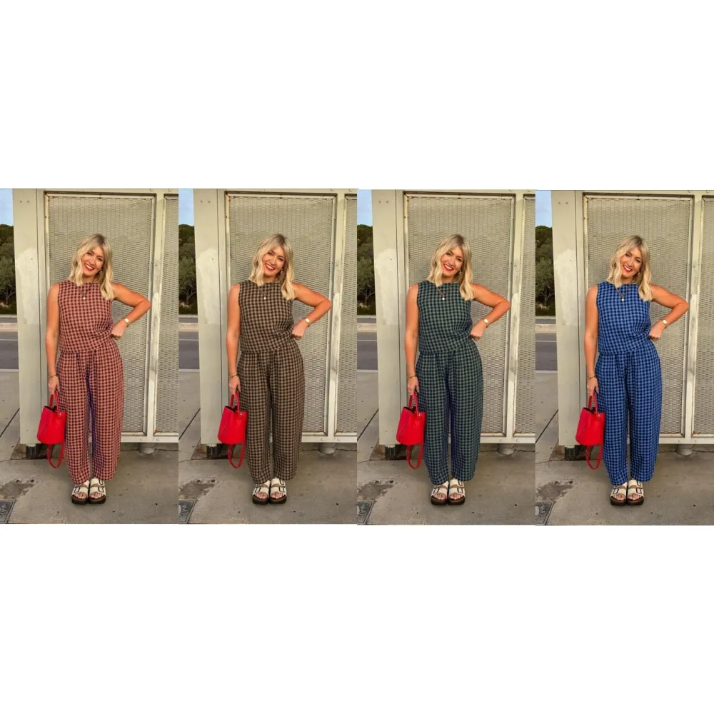 Women's Plaid Print Tank Top & Pants Two-piece Set