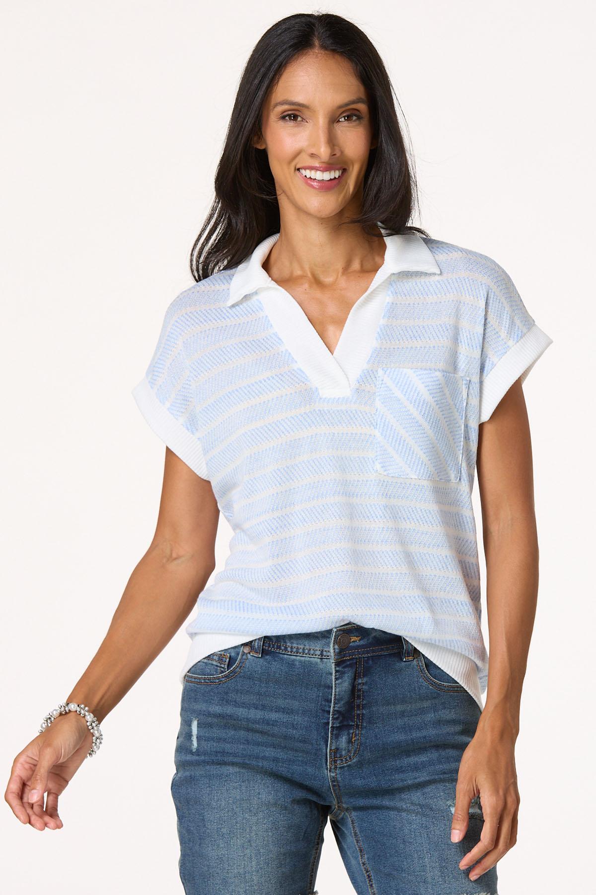 Blue White Textured Stripe Top