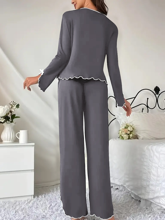 Ruffle Hem Long-Sleeved Trousers Two-Piece Set Comfortable High-End Home Wear Suit Casual And Good For Sleeping