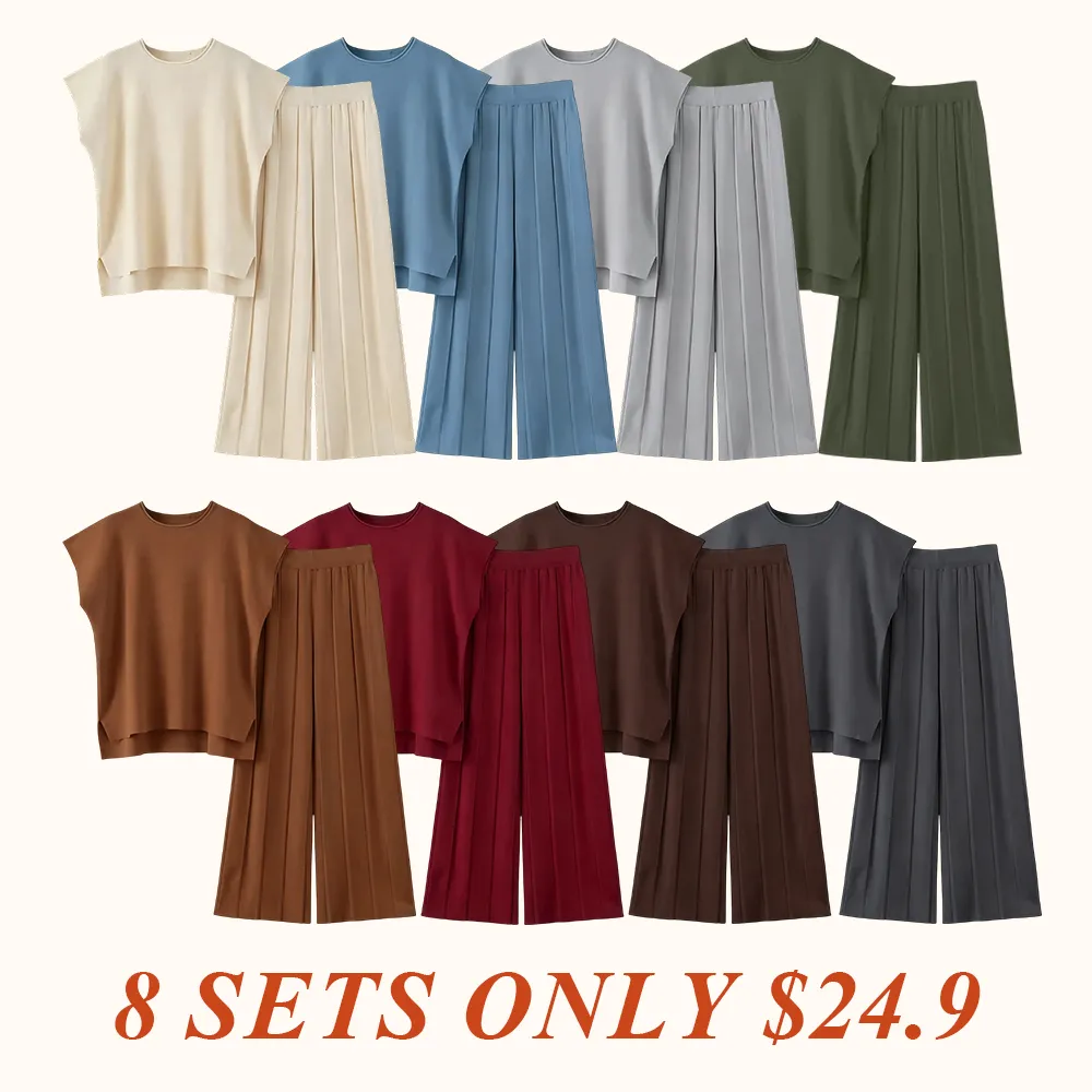 Lounge Sets for Women Two Piece Outfits Knit Cap Sleeve Tops Wide Leg Pleated Pants Casual Dressy Sweater Sets