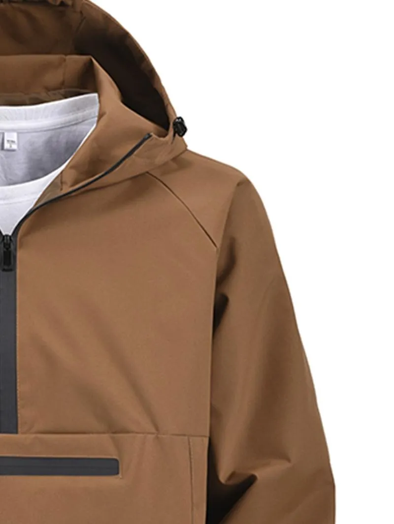 One black half-zip pullover with hoodie, outdoor camping style, large pockets, made of stain-resistant fabric