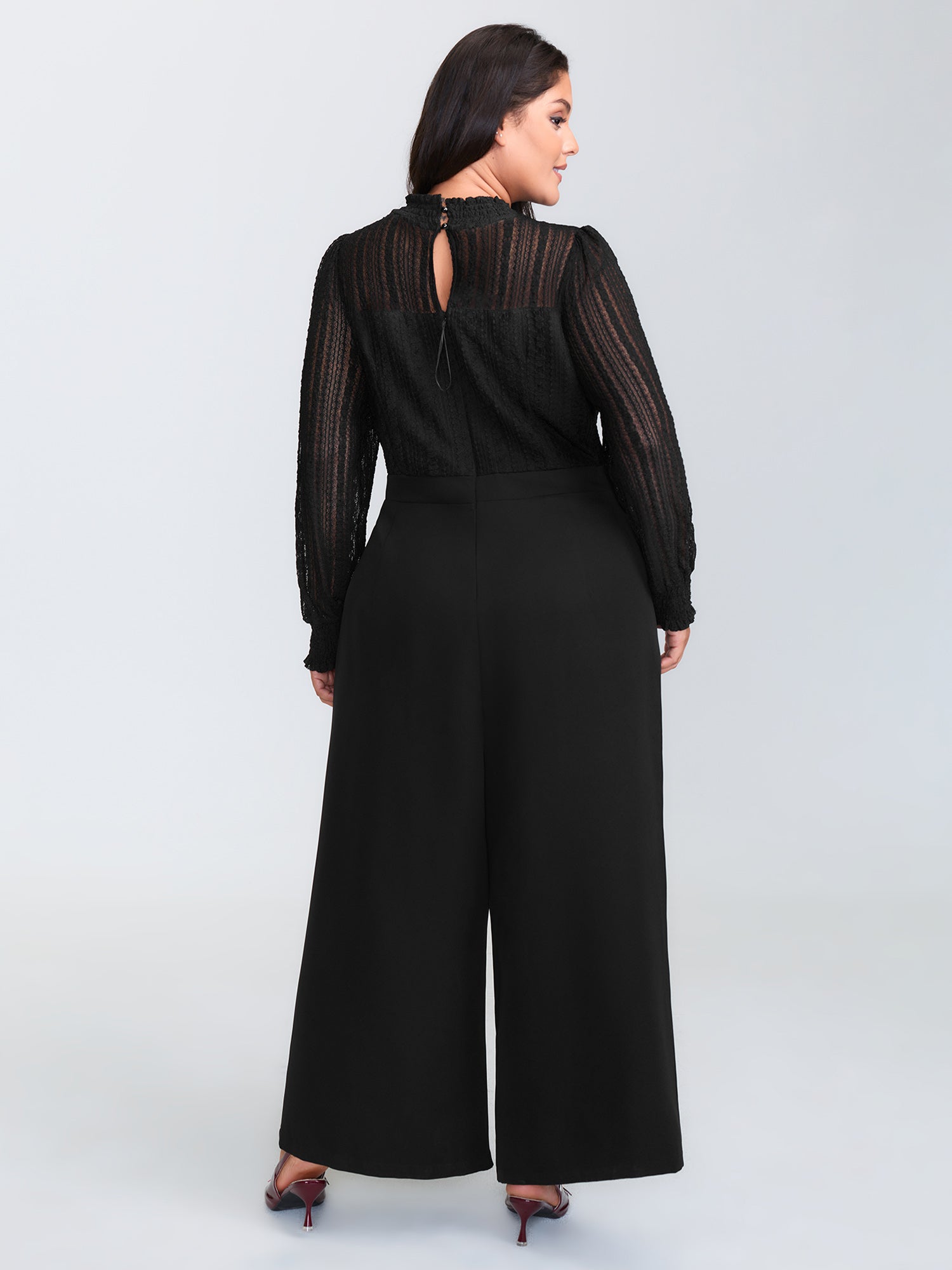 Geometric Lace Trim Sheer Wide-Leg Jumpsuit
