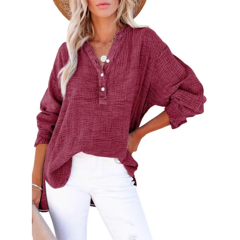 Women's Casual Button V Neck Long Sleeve Shirts Oversized Solid Blouses Tops