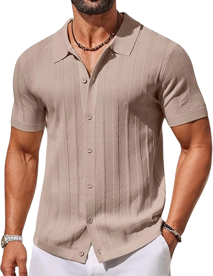 Men's Knit Button Down Shirts Short Sleeve Polo Shirt Casual Vacation Summer Beach Shirts