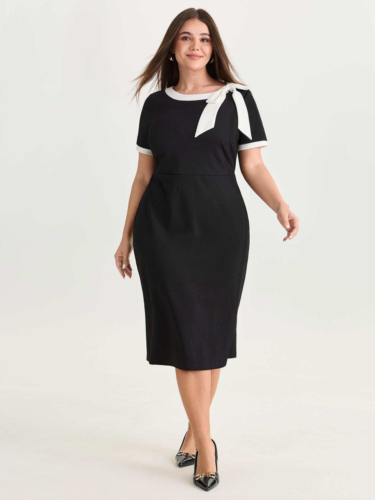 Side Bowknot Color Contrast Midi Dress