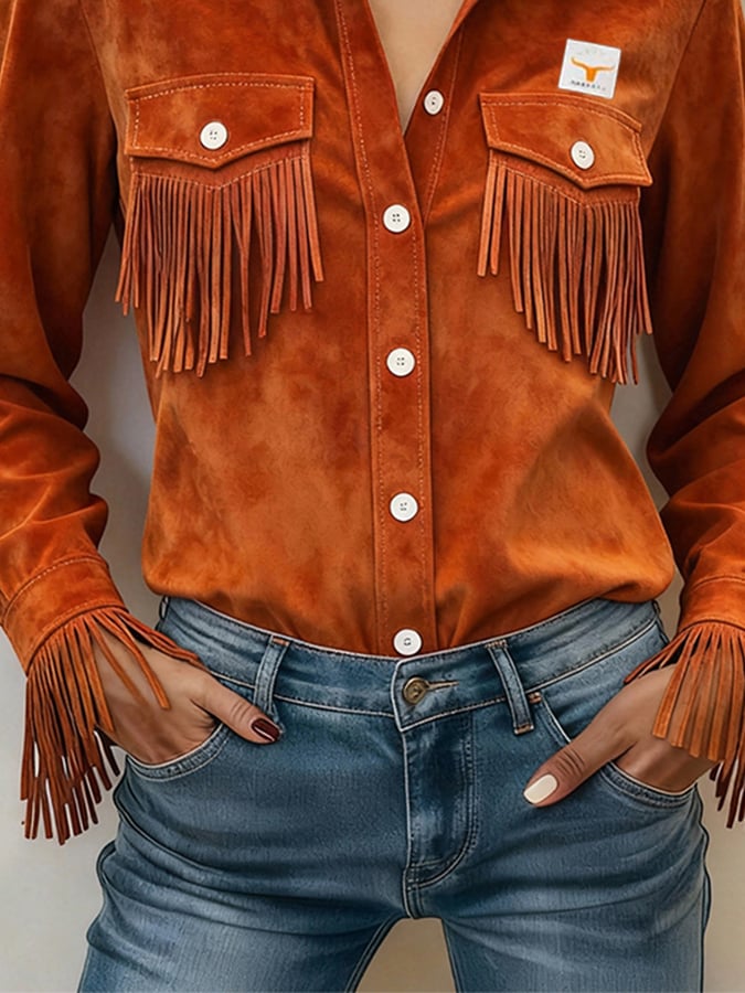 Women's Retro Collared Long-Sleeved Tassel Shirt