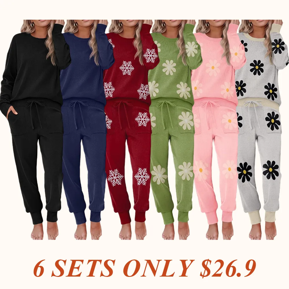 Women's Long Sleeve Knit Loungewear Set Jogger Pants Outfit