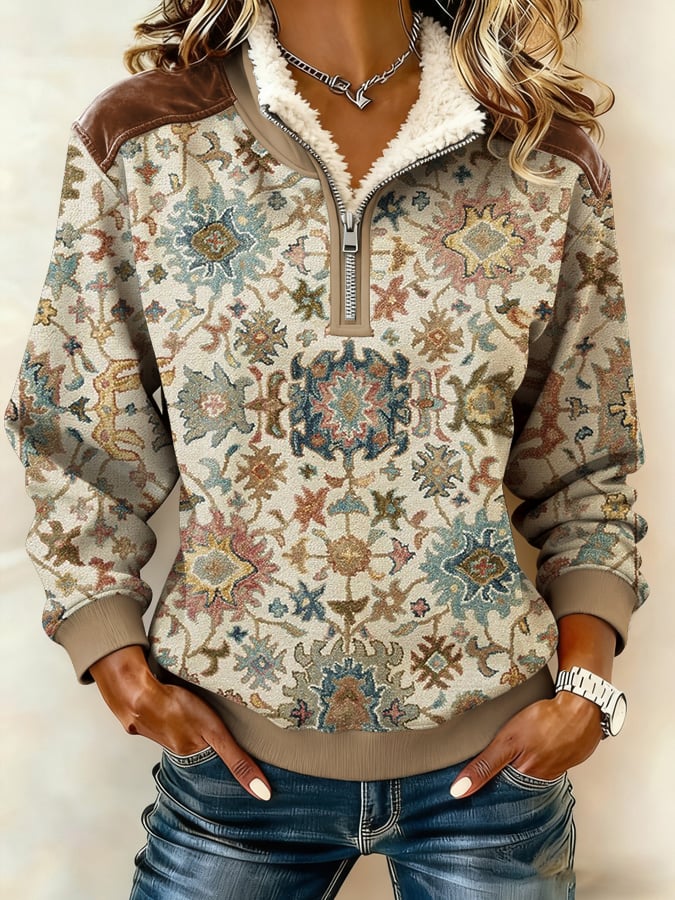 Women's Retro Western Print Fur Collar Sweatshirt