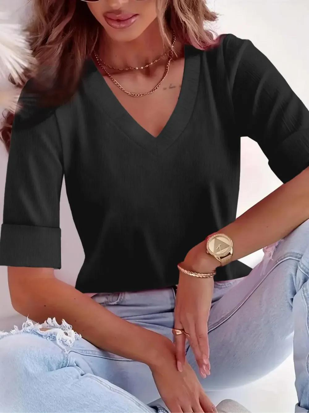Plus Size Solid V Neck Roll Up Sleeve Tee, Casual Fitted T-shirt , Women's Plus Clothing for Daily Wear