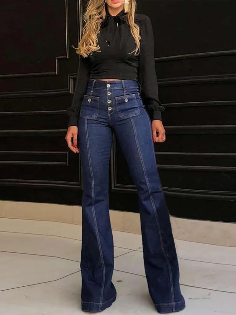 Women's Plain Button Pocket Flare Leg Jeans, Casual Bell Bottom Trousers for Daily Wear