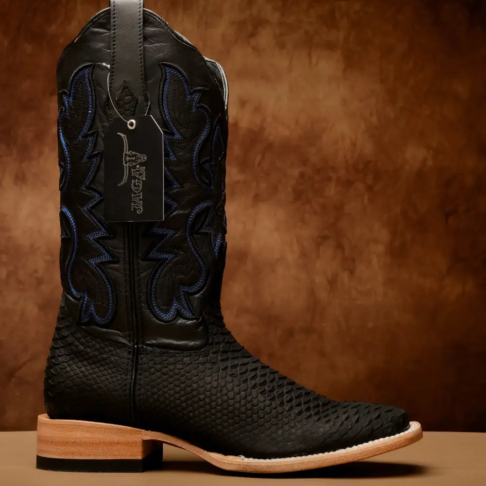 Matte Black Python Leather Boots - Square Toe