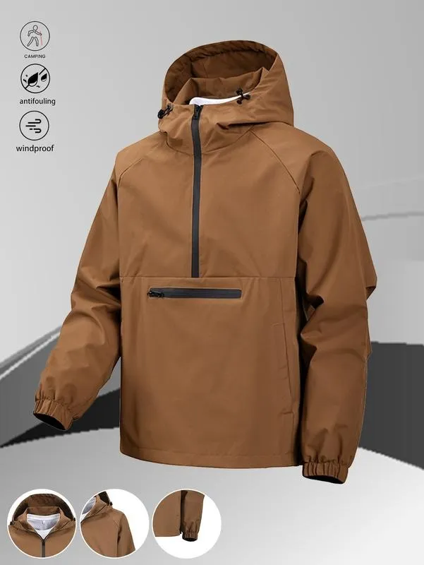 One black half-zip pullover with hoodie, outdoor camping style, large pockets, made of stain-resistant fabric