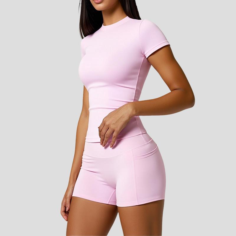 Women's two-piece set sports suit, round neck T-shirt and high waist shorts with pockets