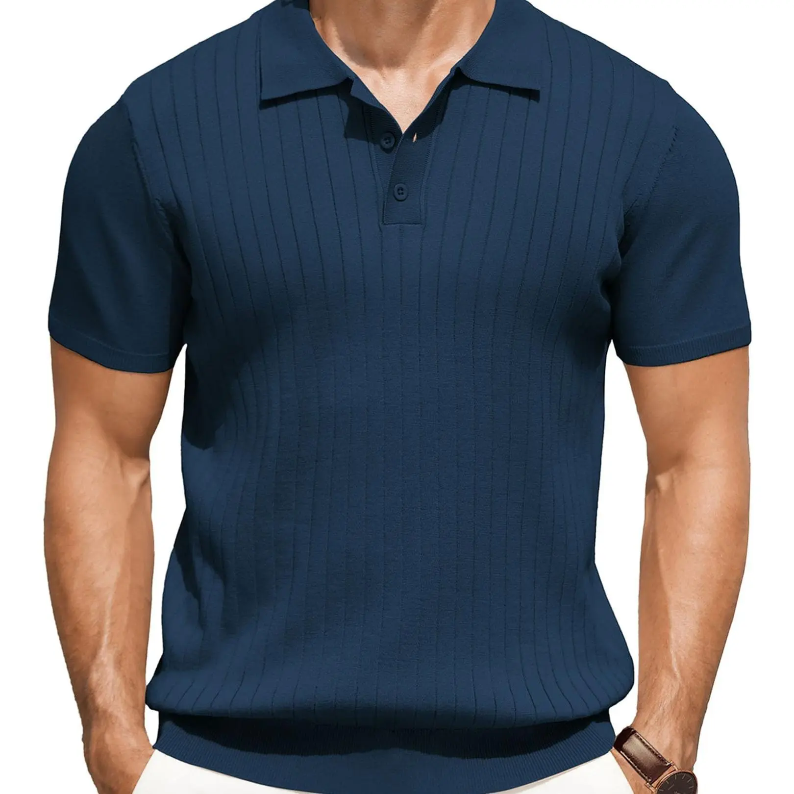 Men's Knit Polo Shirts Short Sleeve Ribbed Knitted Shirt