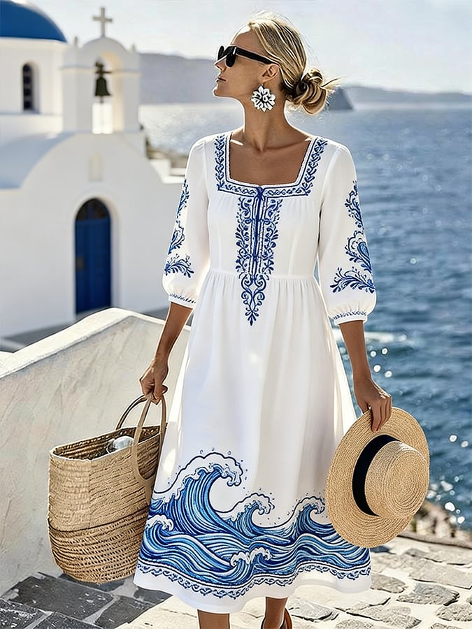 Women'S Casual Square Neck Printed Resort Dress- Fast Shipping