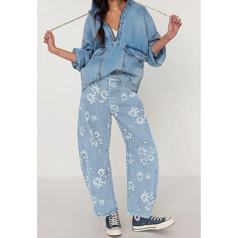 Women's Simple Floral Jeans Y2K Loose Wide-Leg Jeans Boyfriend Style Printed Stitching Jeans