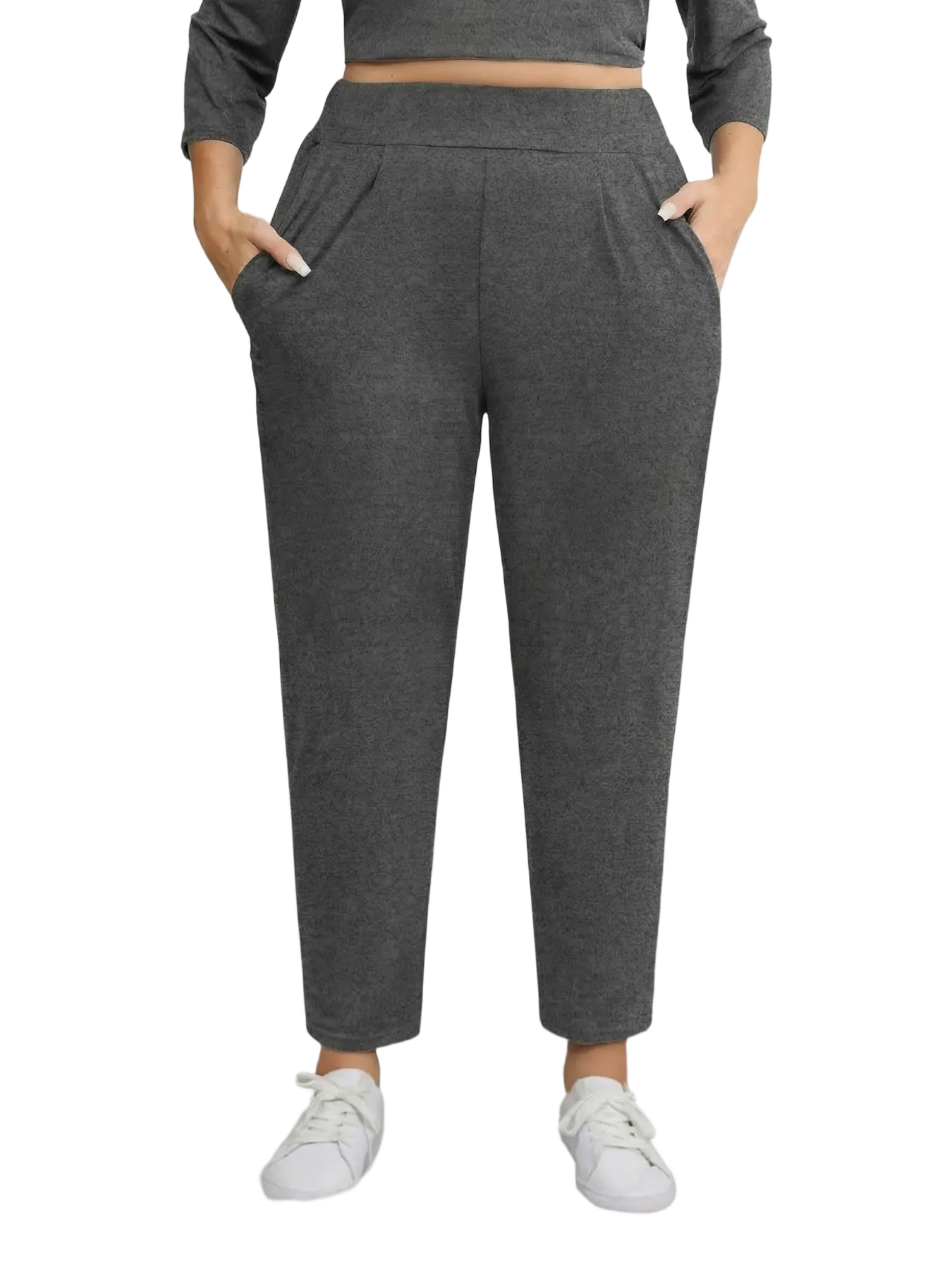 Women Plus Size Solid Plicated Pocket Elastic Waist Joggers