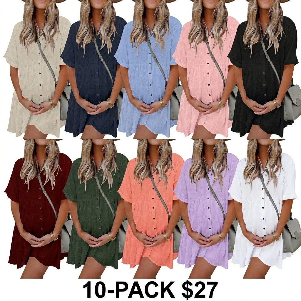 Women's Babydoll Mini Dress – Short Sleeve Button Down Flowy Tiered Dress with Pockets