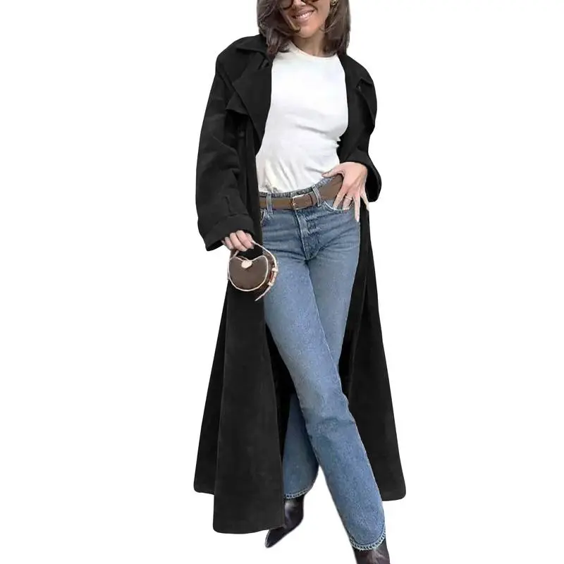 Women's faux suede long trench coat