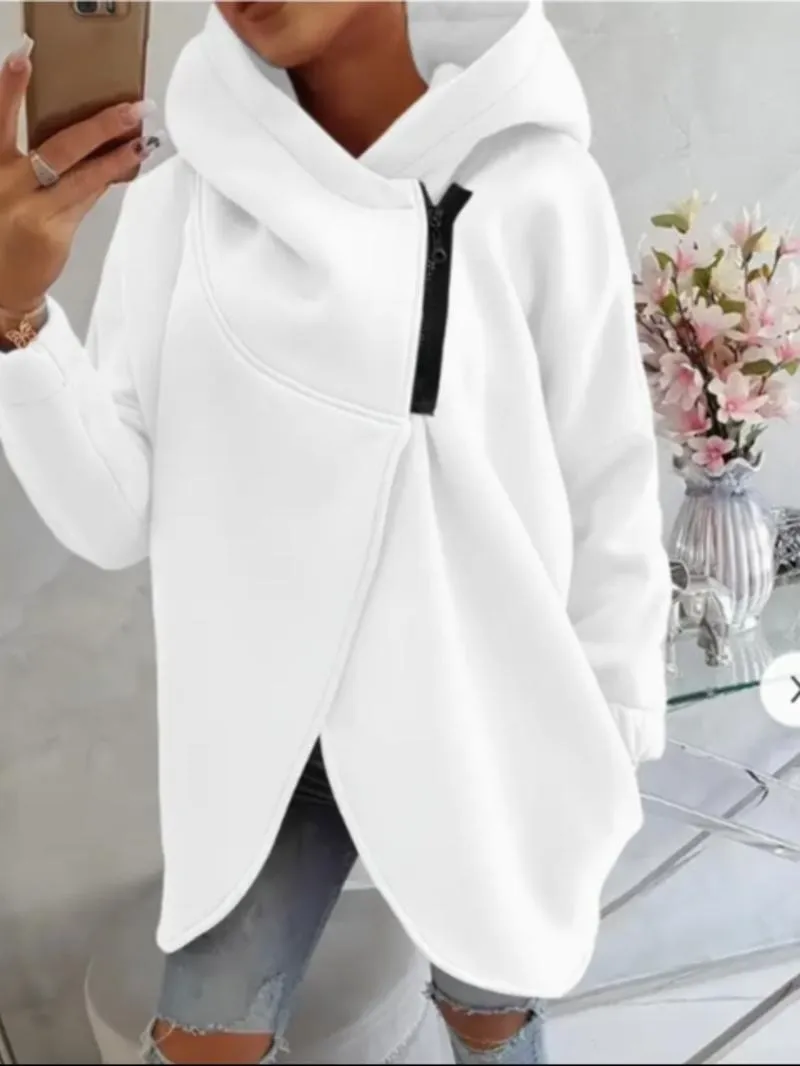 Women's Plus Size Hooded Sweatshirt, Full Zip Fashion Design, Asymmetrical Hem