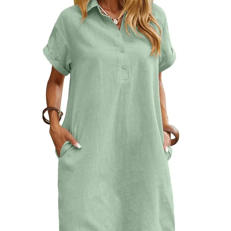 Womens Cotton Shirt Dress Summer Casual Short Sleeve Button Down Beach Cover Up Shirts with Pockets