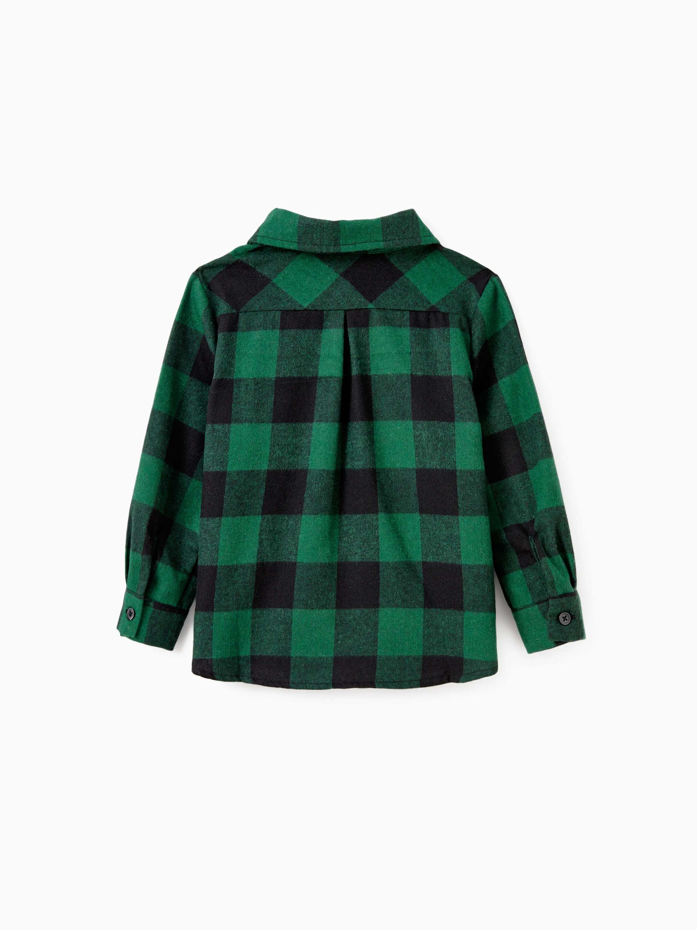 Family Matching Sets Green Plaid Long Sleeves Shirt or Tulle Mesh Dress DarkGreen