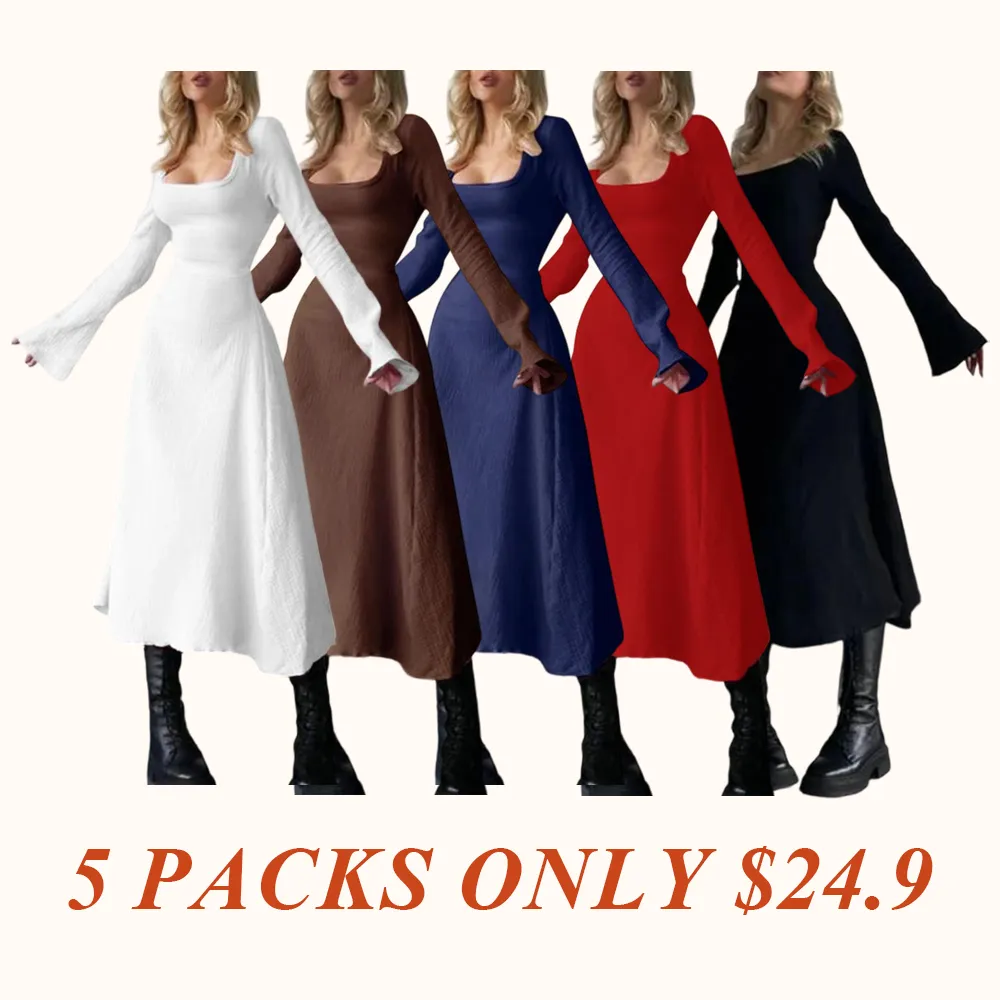 Women's Plain Lace Up Tie Back Flounce Sleeve Dress