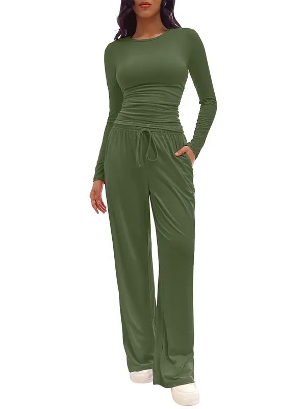 Women's Solid Ruched Tee & Drawstring Pocket Pants Lounge Set