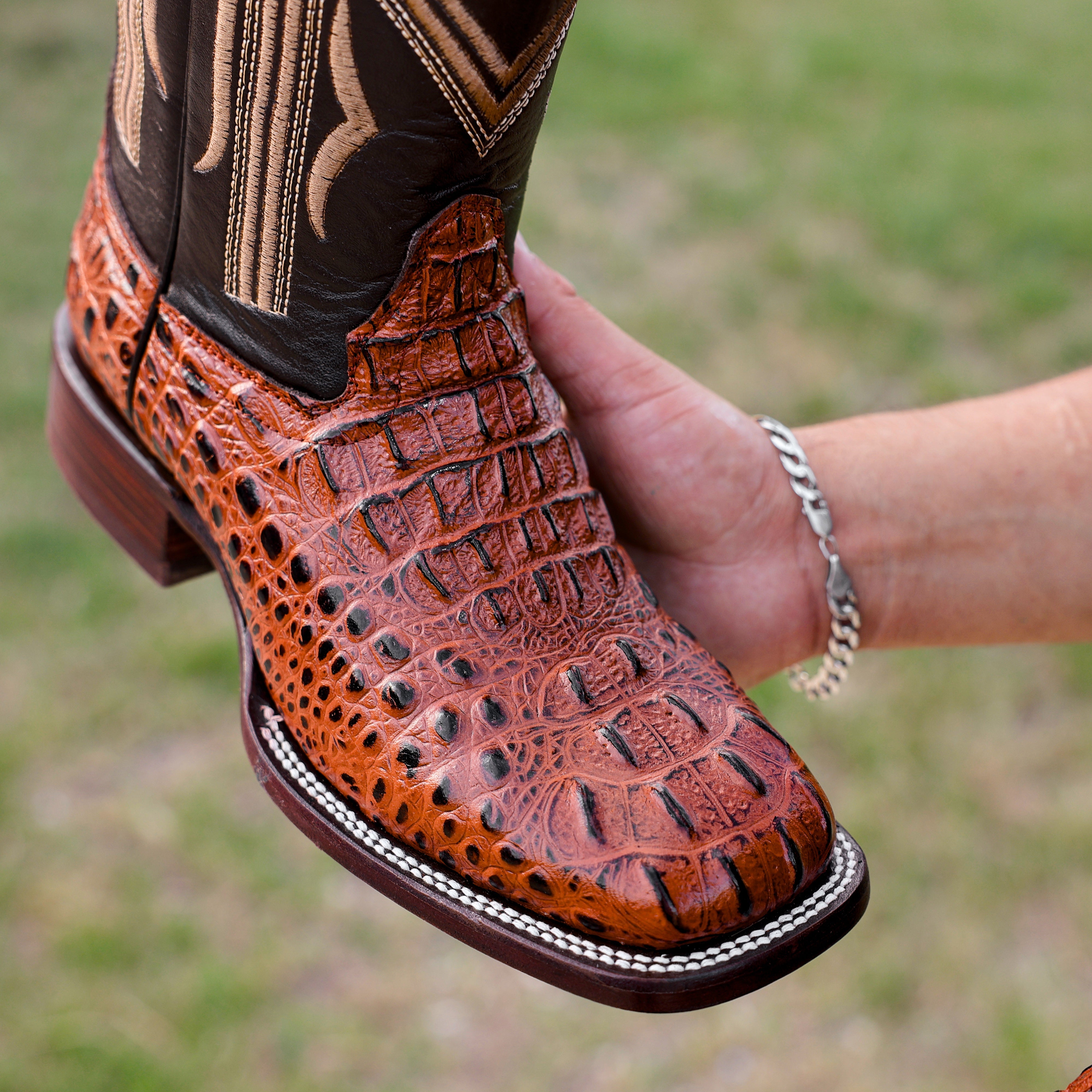 Cognac Caiman Neck Leather Boots - Square Toe