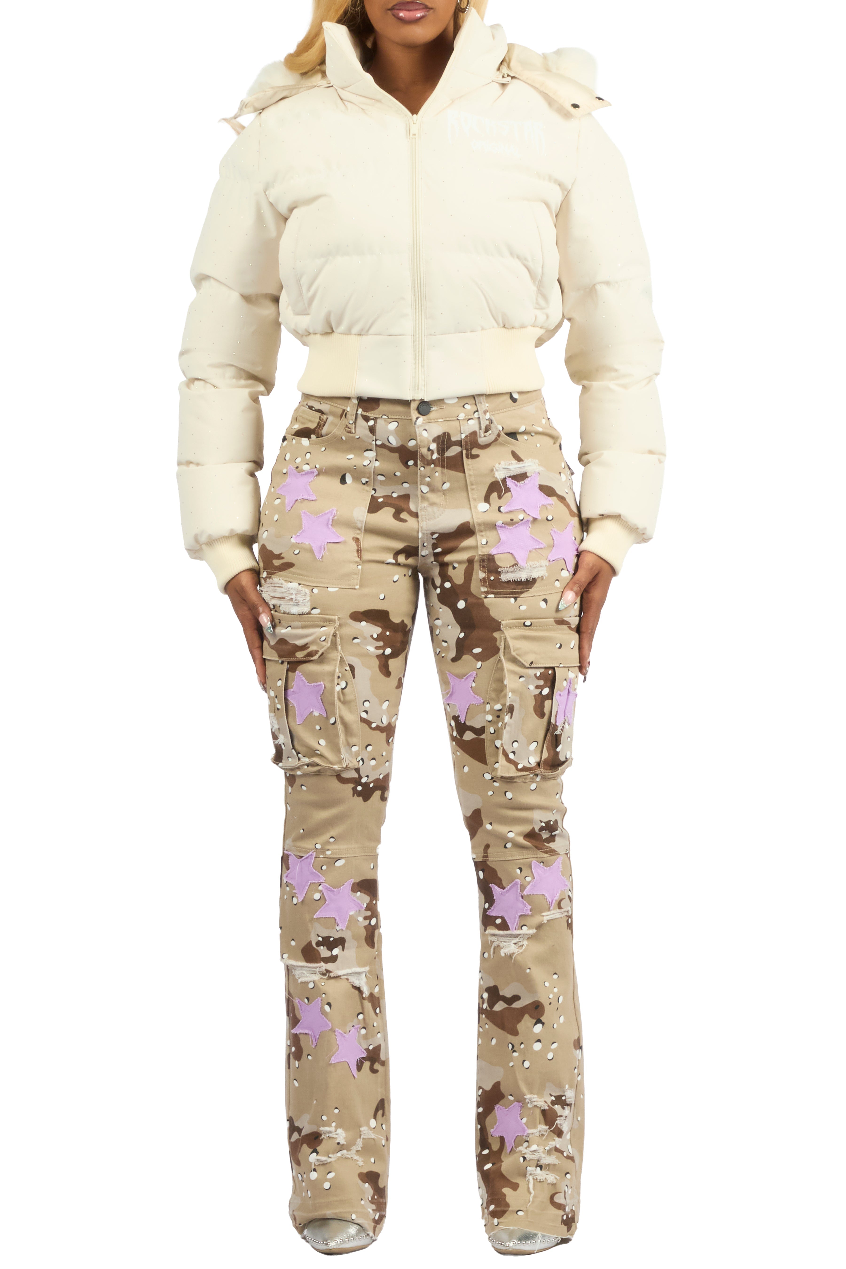 Gabrielle Beige Rhinestone Puffer Jacket With Fur Hood