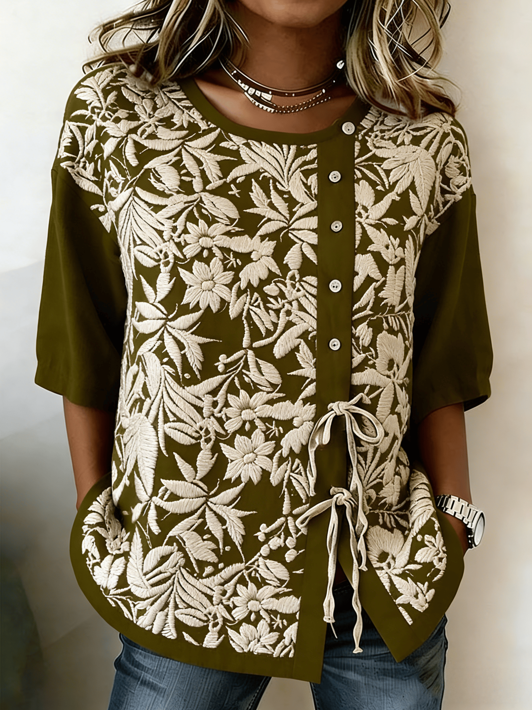 Women's Literary Retro Floral Print Tie Waist Linen Style Blouse- Fast Shipping