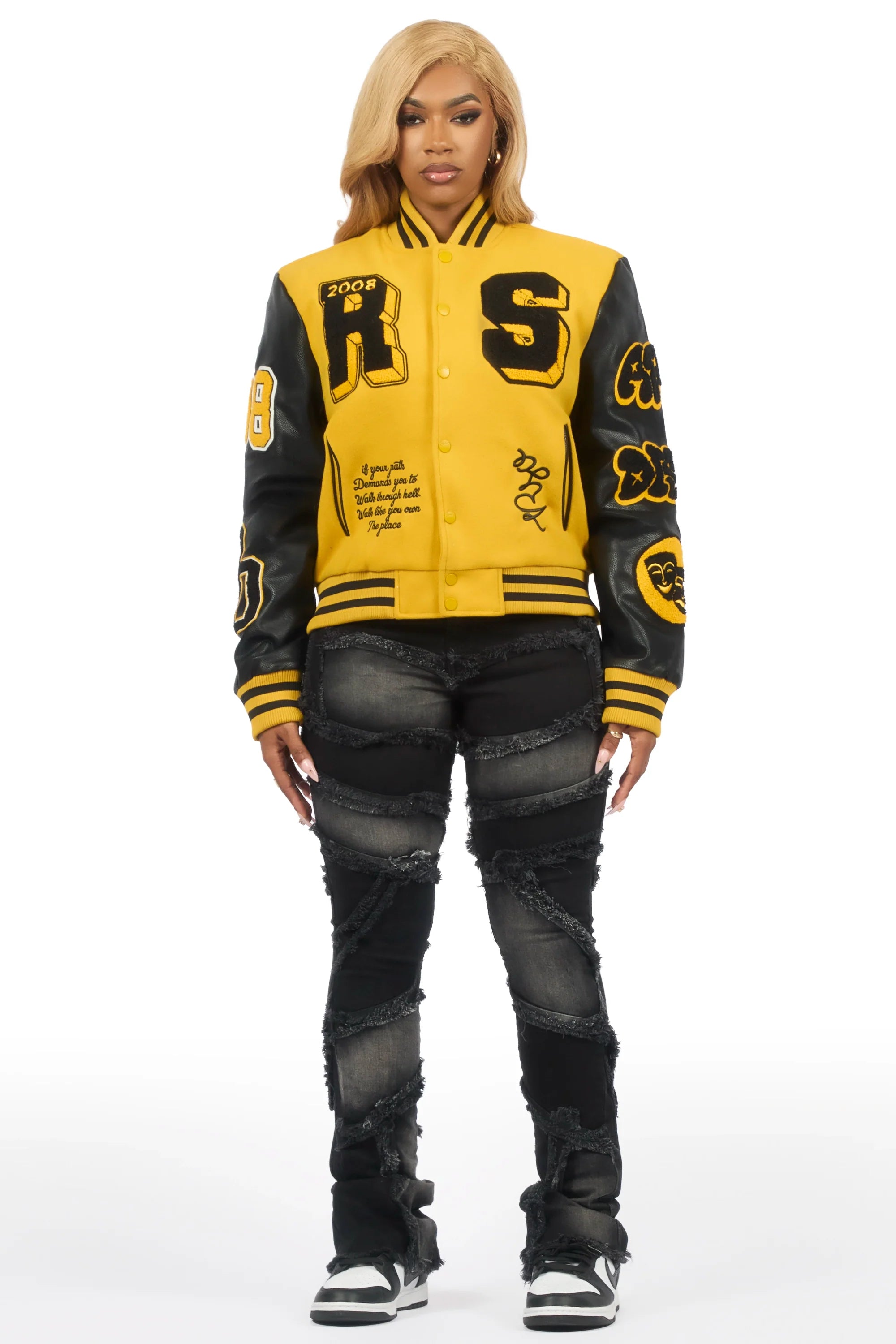 Leslee Black/Yellow Oversized Varsity Jacket