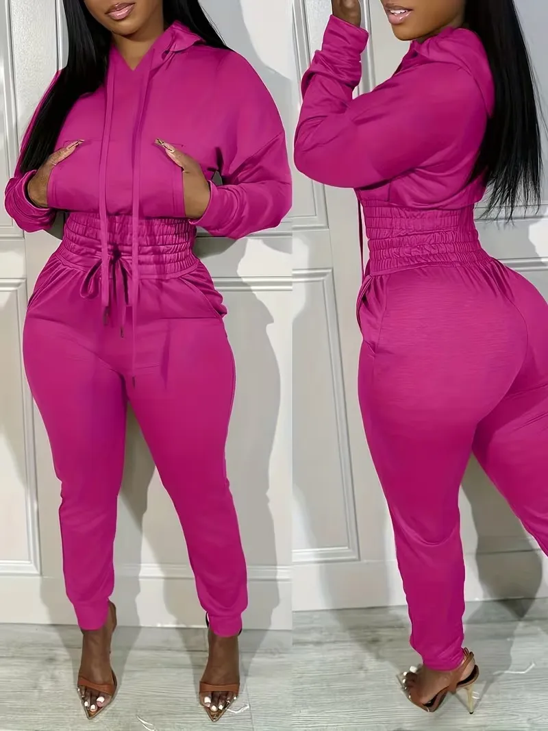 Womens 2 Piece Outfits Lounge Hoodie Shirred Waist Pocket Design Sweatshirt