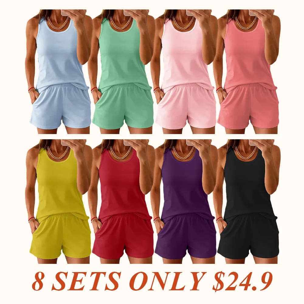 Women's Solid Color Tank Top & Shorts Two-piece Set, Casual Sleeveless Top & Shorts for Beach Vacation