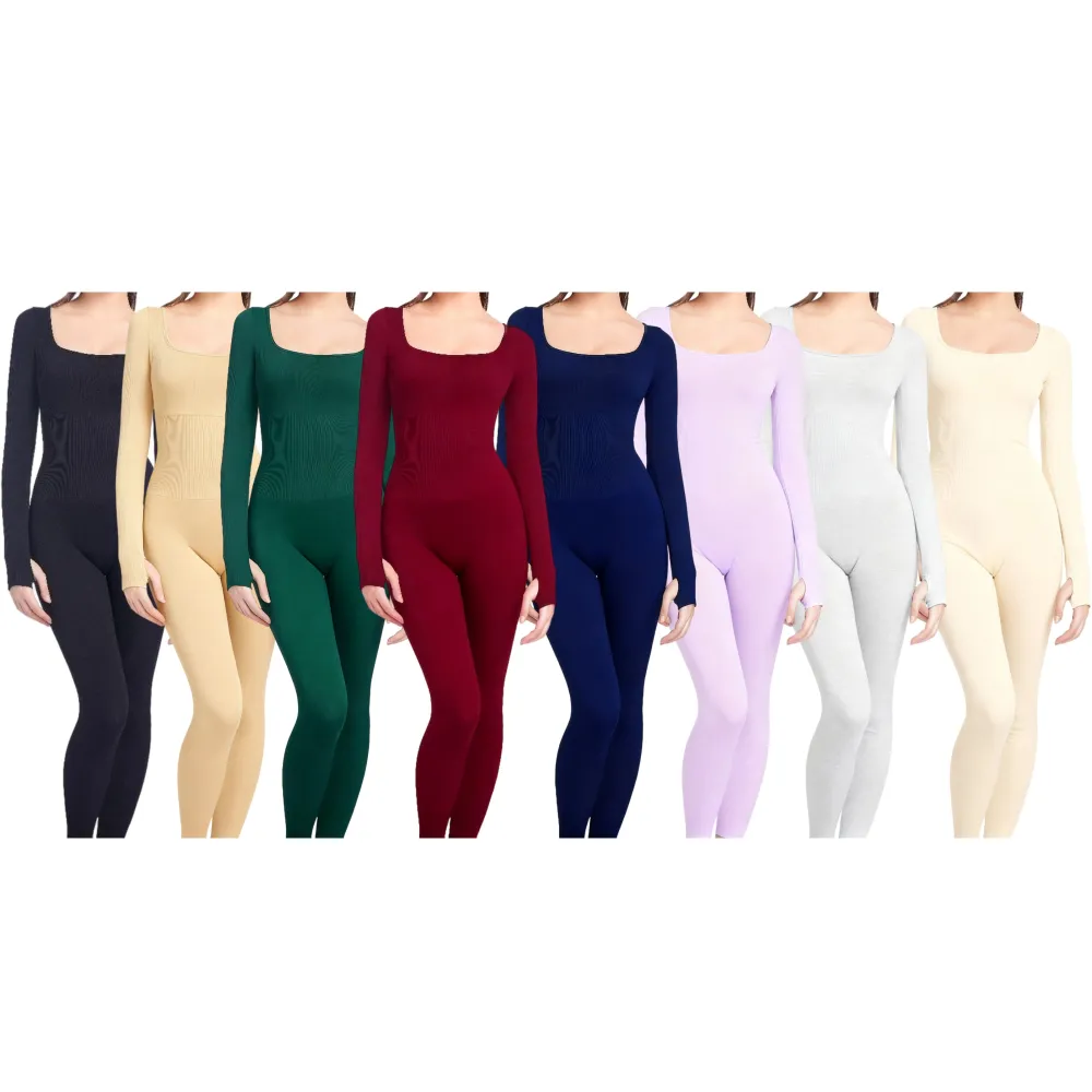 Women Tummy Control Square Neck Ribbed Jumpsuit