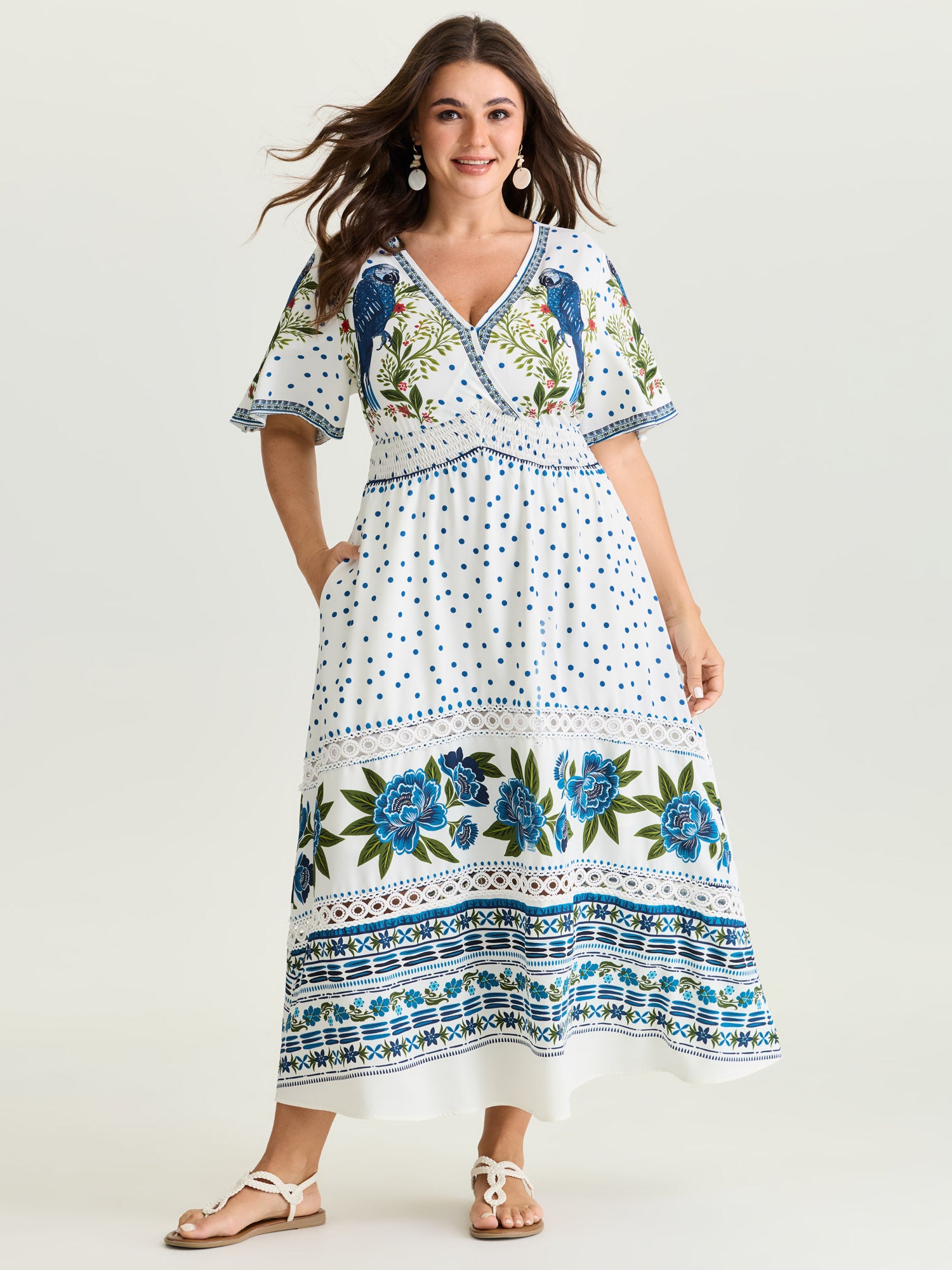 Parrot Print Lace Trim Surplice Neckline Maxi Dress