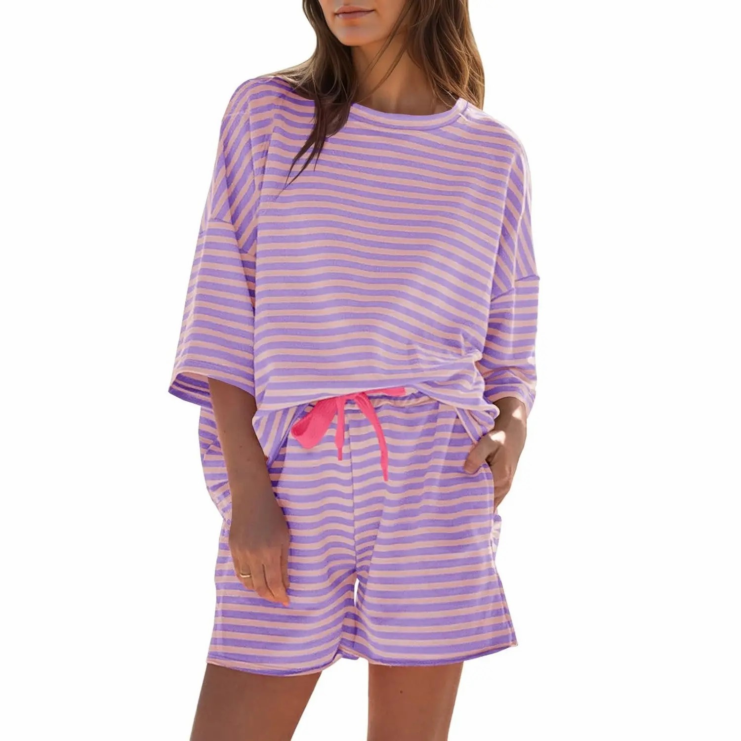 Women's Striped 2-Piece Lounge Set – 3/4 Sleeve Sweatsuit & High Waist Shorts