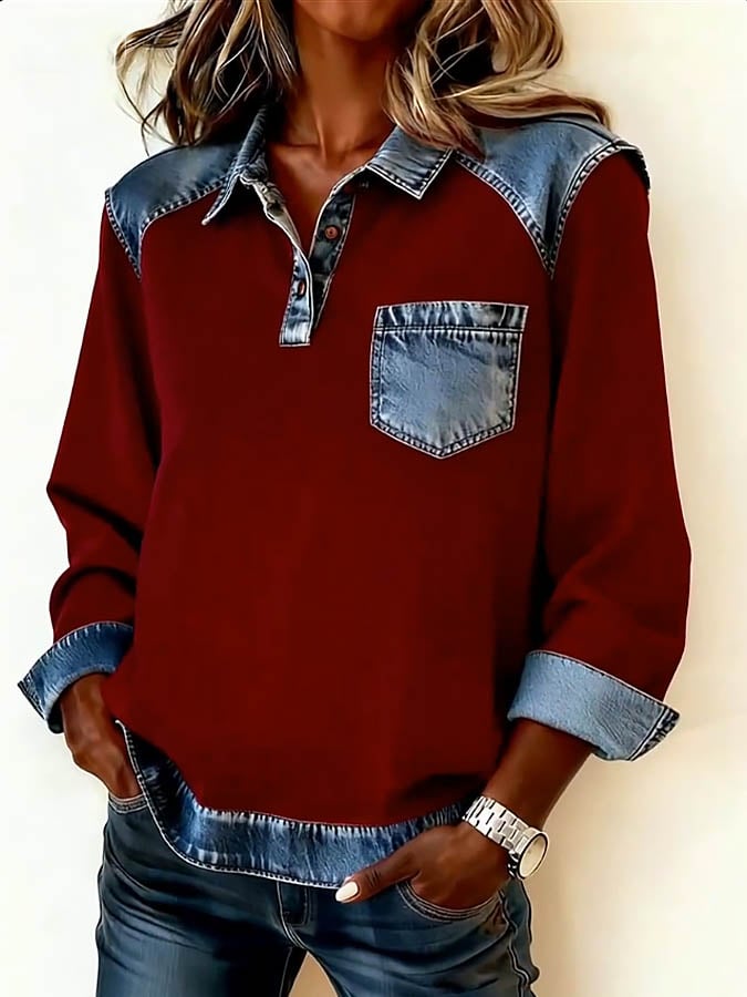 Women'S Casual Turndown Collar Denim Patchwork Pullover Sweatshirt