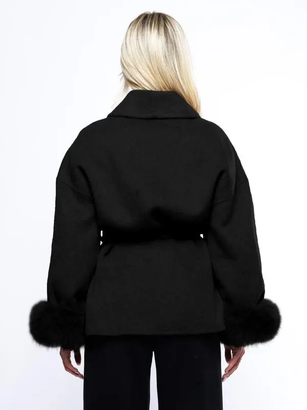 Women's Elegant Solid Color Waist Tie Plush Long Sleeve Thermal Wrap Coat